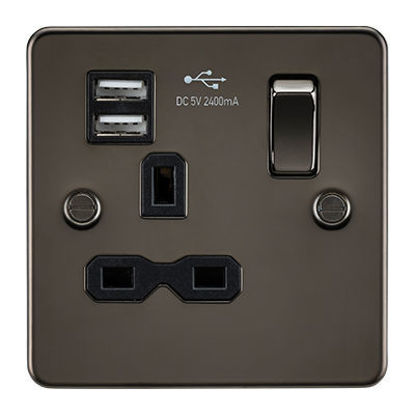 Picture of Flat Plate 13A 1G Switched Socket with Dual USB Charger (2.4A) - Gunmetal with Black Insert