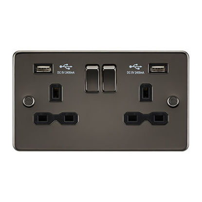 Picture of 13A 2G Switched Socket with Dual USB Charger A + A (2.4A) - Gunmetal with Black Insert