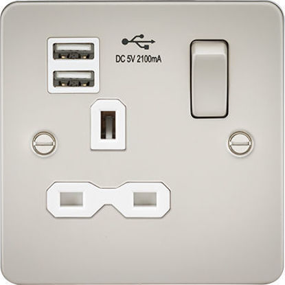 Picture of Flat Plate 13A 1G Switched Socket with Dual USB charger (2.1A) - Pearl with White Insert