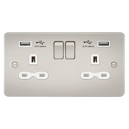Picture of 13A 2G Switched Socket with Dual USB Charger A + A (2.4A) - Pearl with White Insert