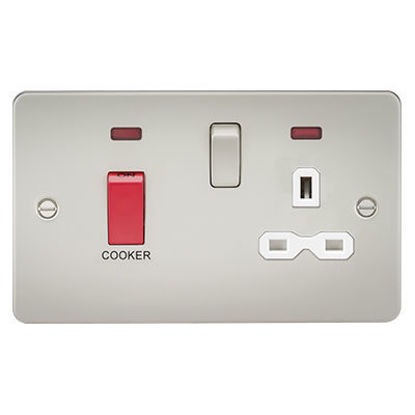 Picture of Flat Plate 45A DP Switch and 13A Switched Socket with Neon - Pearl with White Insert