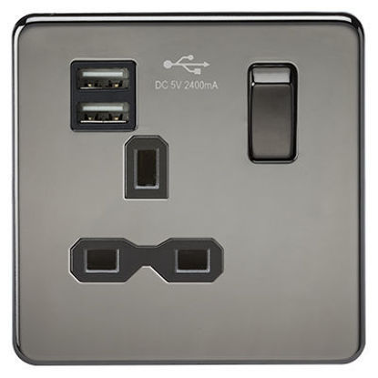 Picture of Screwless 13A 1G Switched Socket with Dual USB Charger (2.4A) - Black Nickel with Black Insert
