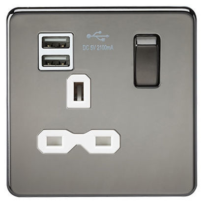Picture of Screwless 13A 1G Switched Socket with Dual USB Charger (2.1A) - Black Nickel with White Insert