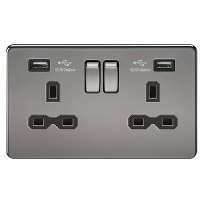 Picture of 13A 2G Switched Socket with Dual USB Charger A + A (2.4A) - Black Nickel