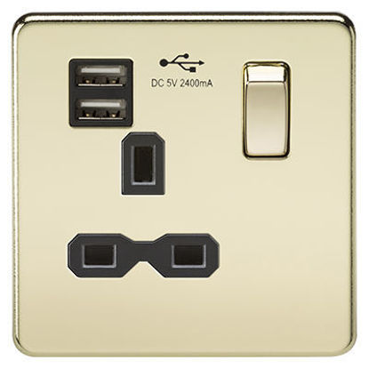 Picture of Screwless 13A 1G Switched Socket with Dual USB Charger (2.4A) - Polished Brass with Black Insert
