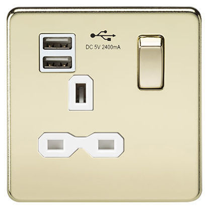 Picture of Screwless 13A 1G Switched Socket with Dual USB Charger (2.4A) - Polished Brass with White Insert