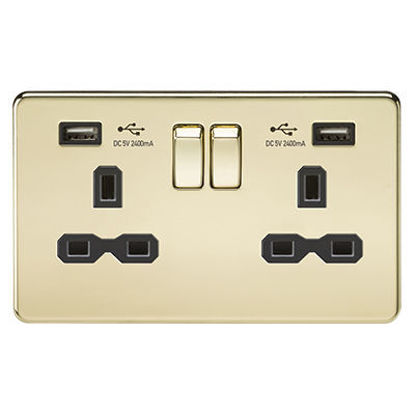 Picture of 13A 2G Switched Socket with Dual USB Charger A + A (2.4A) - Polished Brass with Black Insert