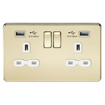Picture of 13A 2G Switched Socket with Dual USB Charger A + A (2.4A) - Polished Brass with White Insert
