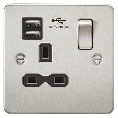 Picture of Flat Plate 13A 1G Switched Socket with Dual USB Charger (2.4A) - Brushed Chrome with Black Insert