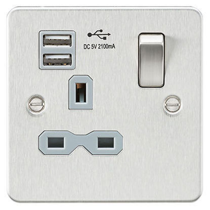 Picture of Flat Plate 13A 1G Switched Socket with Dual USB Charger (2.1A) - Brushed Chrome with Grey Insert