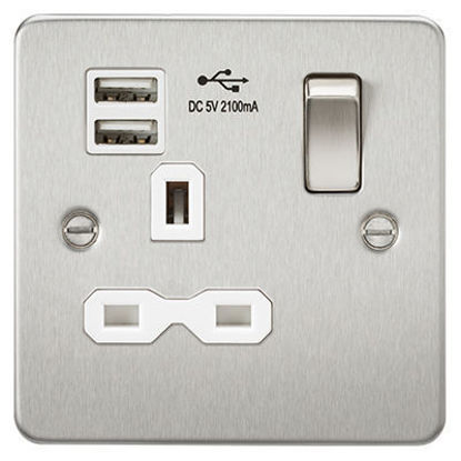 Picture of Flat Plate 13A 1G Switched Socket with Dual USB Charger (2.1A) - Brushed Chrome with White Insert