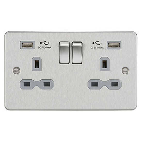 Picture of 13A 2G Switched Socket with Dual USB Charger A + A (2.4A) - Brushed Chrome with Grey Insert