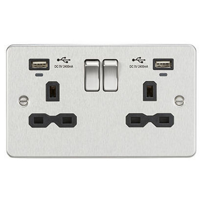 Picture of 13A 2G Switched Socket, Dual USB Charger (2.4A) with Indicators - Brushed Chrome with Black Insert