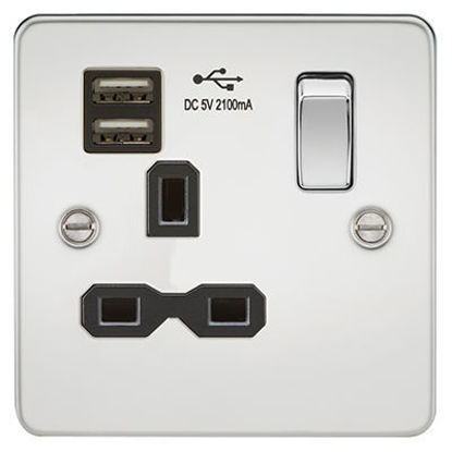 Picture of Flat Plate 13A 1G Switched Socket with Dual USB Charger (2.1A) - Polished Chrome with Black Insert