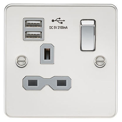 Picture of Flat Plate 13A 1G Switched Socket with Dual USB Charger (2.1A) - Polished Chrome with Grey Insert