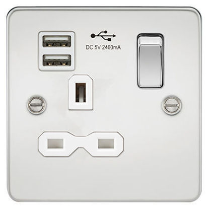 Picture of Flat plate 13A 1G switched socket with dual USB charger (2.4A) - polished chrome with white insert