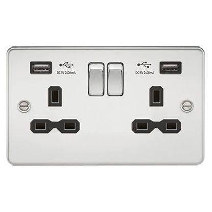 Picture of 13A 2G Switched Socket with Dual USB Charger A + A (2.4A) - Polished Chrome with Black Insert