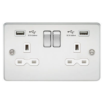 Picture of 13A 2G Switched Socket with Dual USB Charger A + A (2.4A) - Polished Chrome with White Insert