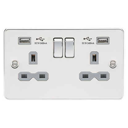 Picture of 13A 2G Switched Socket with Dual USB Charger A + A (2.4A) - Polished Chrome with Grey Insert