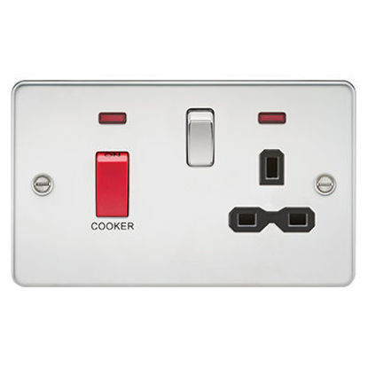 Picture of Flat Plate 45A DP Switch and 13A Switched Socket with Neon - Polished Chrome with Black Insert