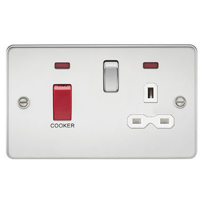 Picture of Flat Plate 45A DP Switch and 13A Switched Socket with Neon - Polished Chrome with White Insert
