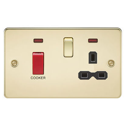 Picture of Flat Plate 45A DP Switch and 13A Switched Socket with Neon - Polished Brass with Black Insert