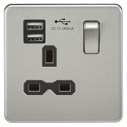 Picture of Screwless 13A 1G switched socket with dual USB charger (2.4A) - brushed chrome with black insert