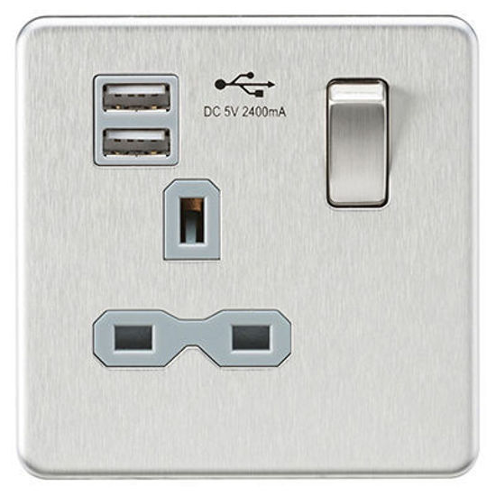Picture of Screwless 13A 1G switched socket with dual USB charger (2.4A) - brushed chrome with grey insert