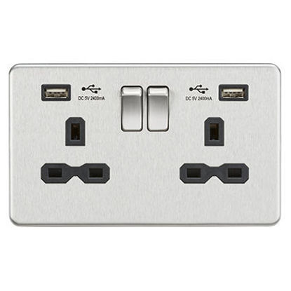Picture of 13A 2G switched socket with dual USB charger A + A (2.4A) - Brushed chrome with black insert