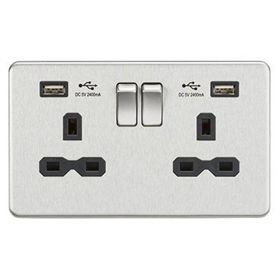 Picture of 13A 2G switched socket with dual USB charger A + A (2.4A) - Brushed chrome with black insert