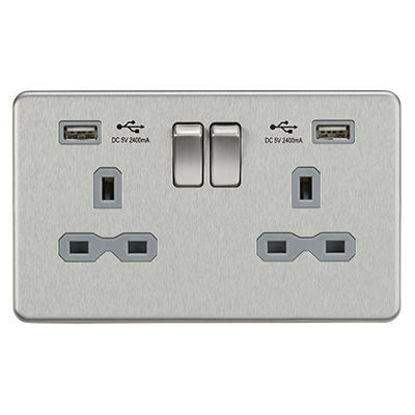 Picture of 13A 2G switched socket with dual USB charger A + A (2.4A) - Brushed chrome with grey insert