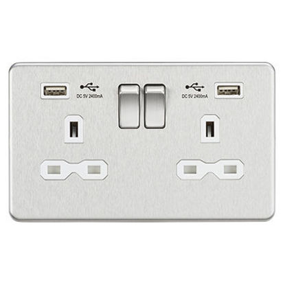 Picture of 13A 2G switched socket with dual USB charger A + A (2.4A) - Brushed chrome with white insert