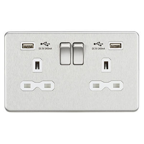 Picture of 13A 2G switched socket with dual USB charger A + A (2.4A) - Brushed chrome with white insert