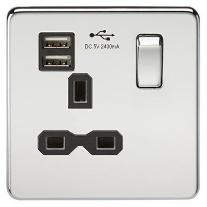 Picture of Screwless 13A 1G switched socket with dual USB charger (2.4A) - polished chrome with black insert