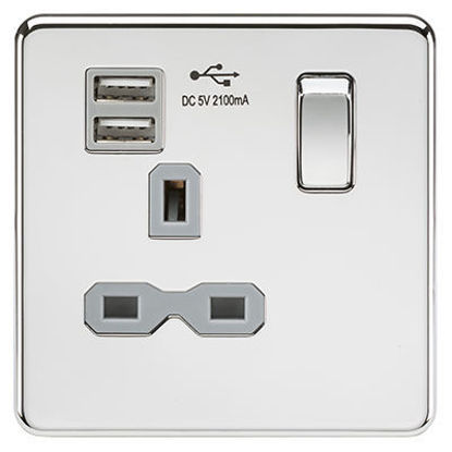 Picture of Screwless 13A 1G switched socket with dual USB charger (2.1A) - polished chrome with grey insert