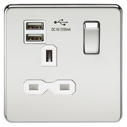Picture of Screwless 13A 1G switched socket with dual USB charger (2.1A) - polished chrome with white insert