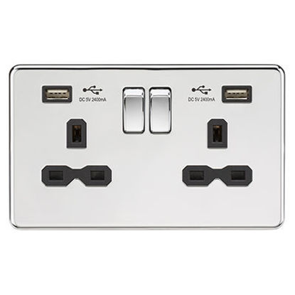 Picture of 13A 2G switched socket with dual USB charger A + A (2.4A) - Polished chrome with black insert