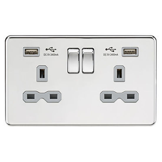 Picture of 13A 2G switched socket with dual USB charger A + A (2.4A) - Polished chrome with grey insert