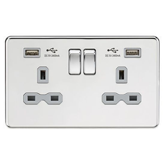 Picture of 13A 2G switched socket with dual USB charger A + A (2.4A) - Polished chrome with grey insert