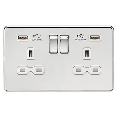 Picture of 13A 2G switched socket with dual USB charger A + A (2.4A) - Polished chrome with white insert