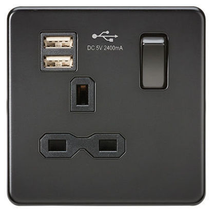 Picture of Screwless 13A 1G switched socket with dual USB charger (2.4A) - matt black