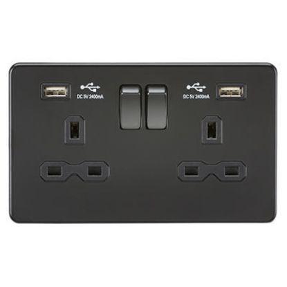 Picture of 13A 2G switched socket with dual USB charger A + A (2.4A) - Matt black