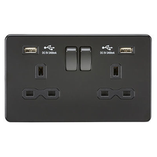 Picture of 13A 2G switched socket with dual USB charger A + A (2.4A) - Matt black