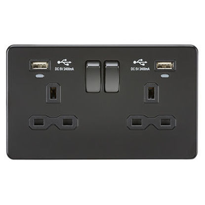 Picture of 13A 2G Switched Socket, Dual USB (2.4A) with LED Charge Indicators - Matt Black