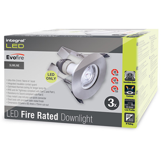 Picture of Evofire Fire Rated Downlight 70mm Cutout IP65 Satin Nickel Round + GU10 Holder & Insulation Guard - Pack of 3