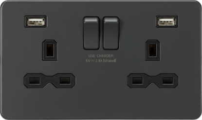 Picture of 13A 2G switched socket with dual USB charger A + A (2.4A) - Anthracite