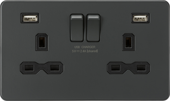Picture of 13A 2G switched socket with dual USB charger A + A (2.4A) - Anthracite