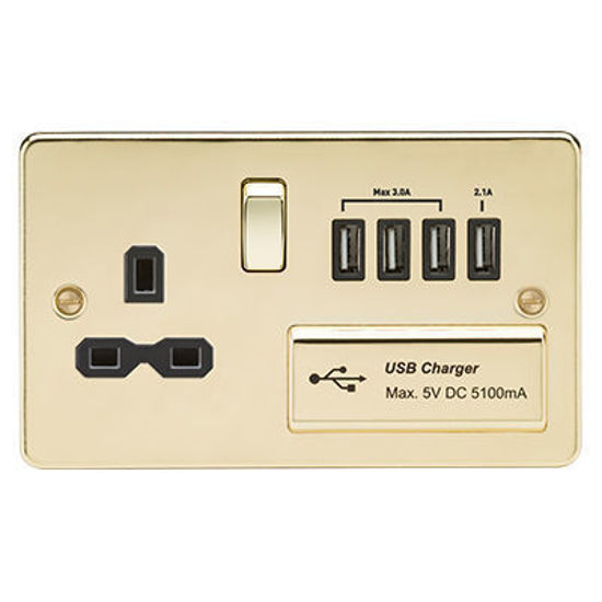 Picture of Flat plate 13A switched socket with quad USB charger - polished brass with black insert