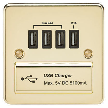 Picture of Flat Plate Quad USB charger outlet - Polished brass with black insert