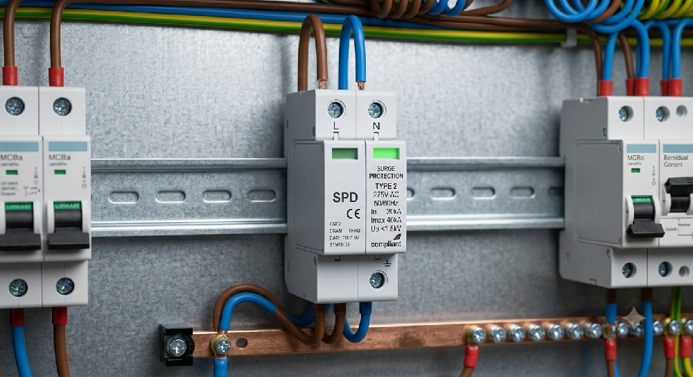 Close up of a Type 2 Surge Protection Device component on a consumer unit DIN rail